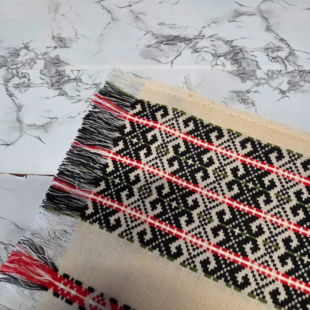 Vintage Hand Woven Red Black Tablecloth